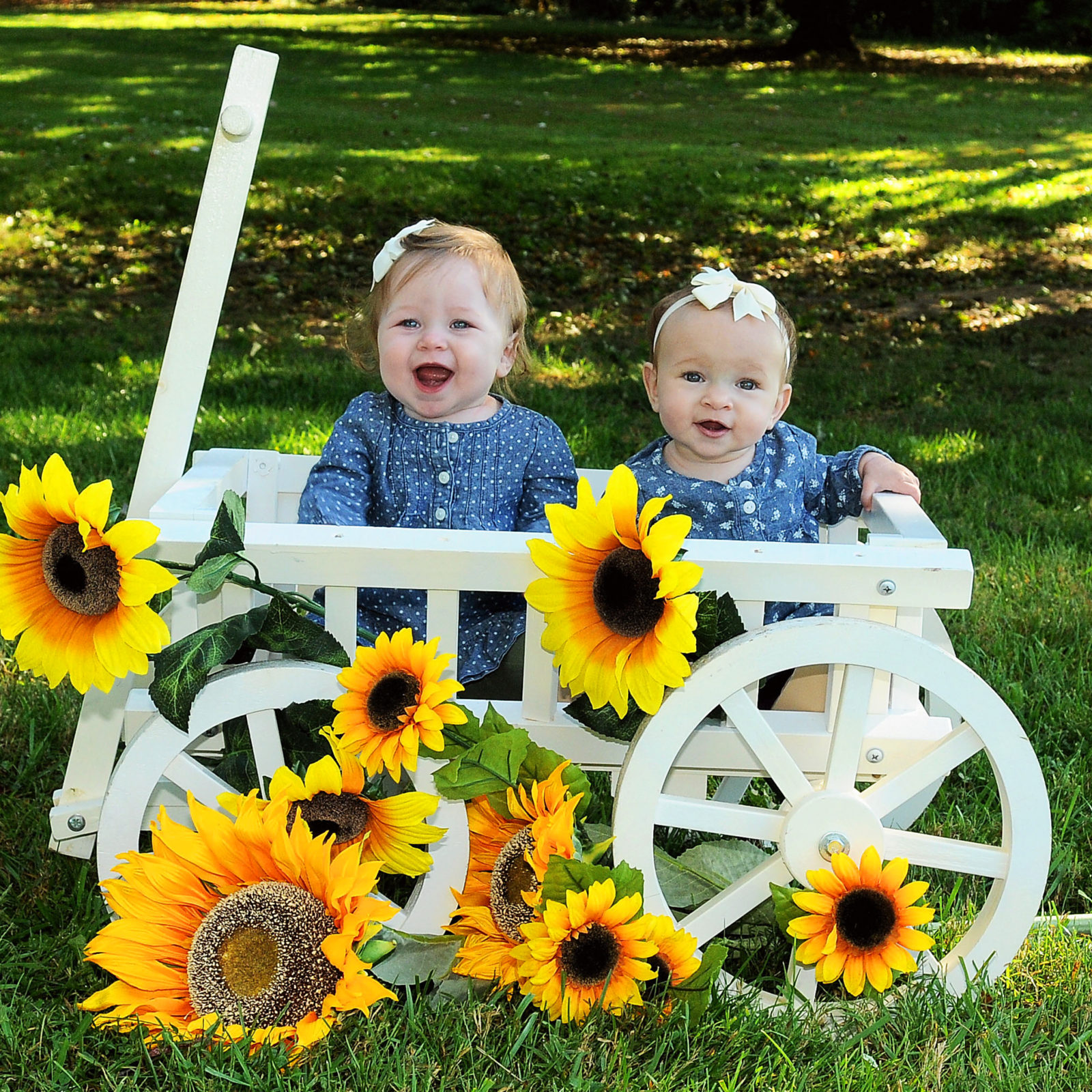Photo of children in wagon with sunflowers